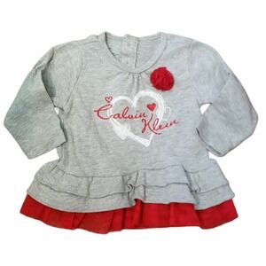 Calvin Klein Baby Girls Shirt Gray/Red Tulle Accents 6/9 Months See Description